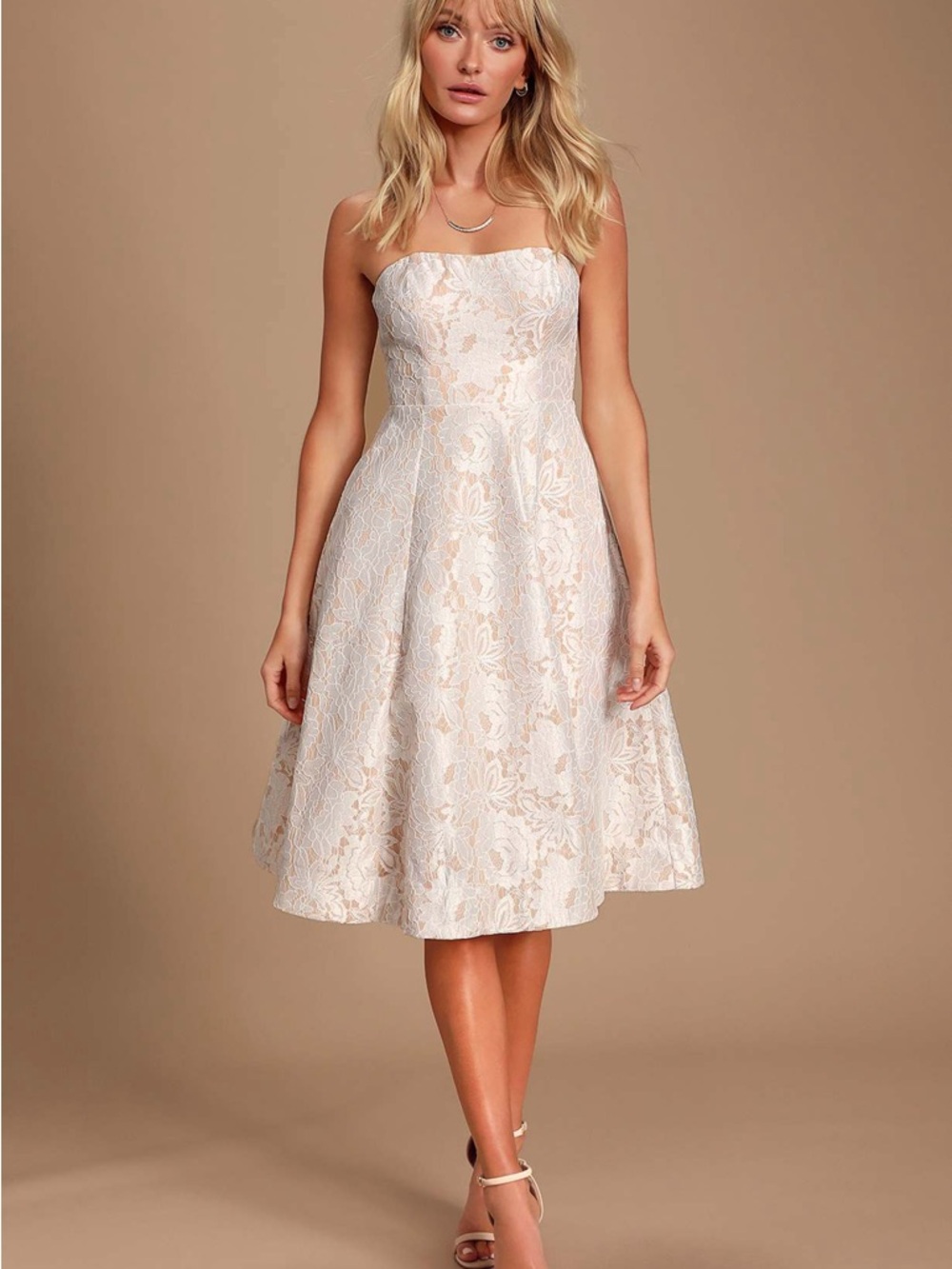 NWT LULUS Give it a Twirl White Lace Strapless Midi Dress (L)
